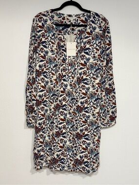 Garnet Hill White Floral Long-Sleeve Tunic Dress with Blue & Red Print Large